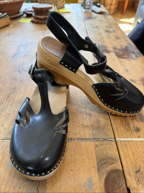 Troentorp Shoes - Troentorp Mary Jane Black Leather Swedish Wood Clogs – Size 39